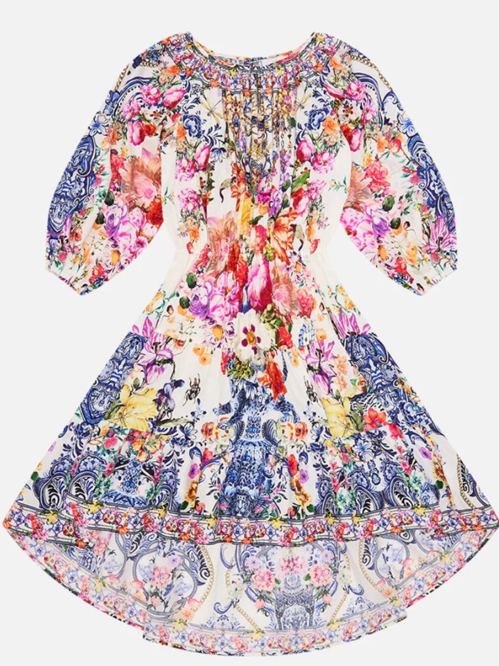 Camilla Floral Smocked Boho Dress in White with Pink, Blue and Yellow Accents